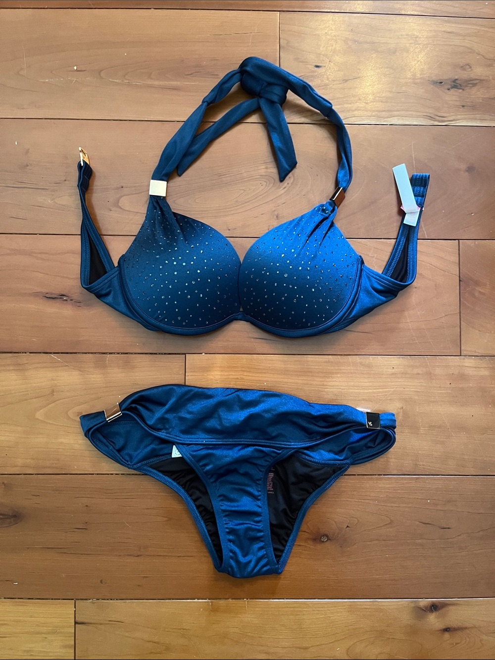 Women's Blue Rhinestone Halter Bikini Set